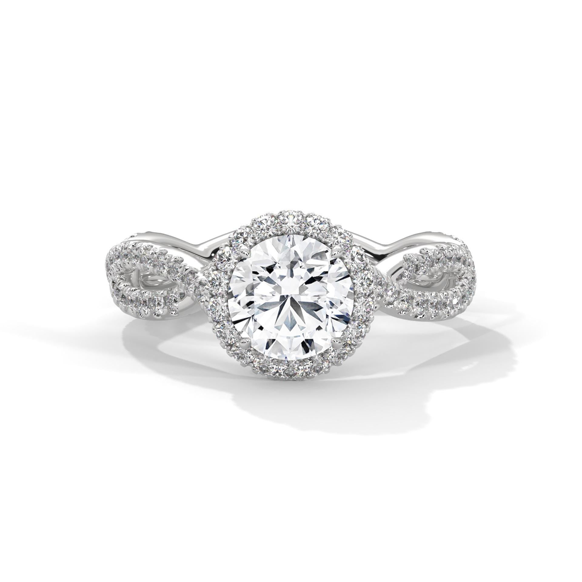 Round brilliant lab grown diamond pave halo ring in white gold.