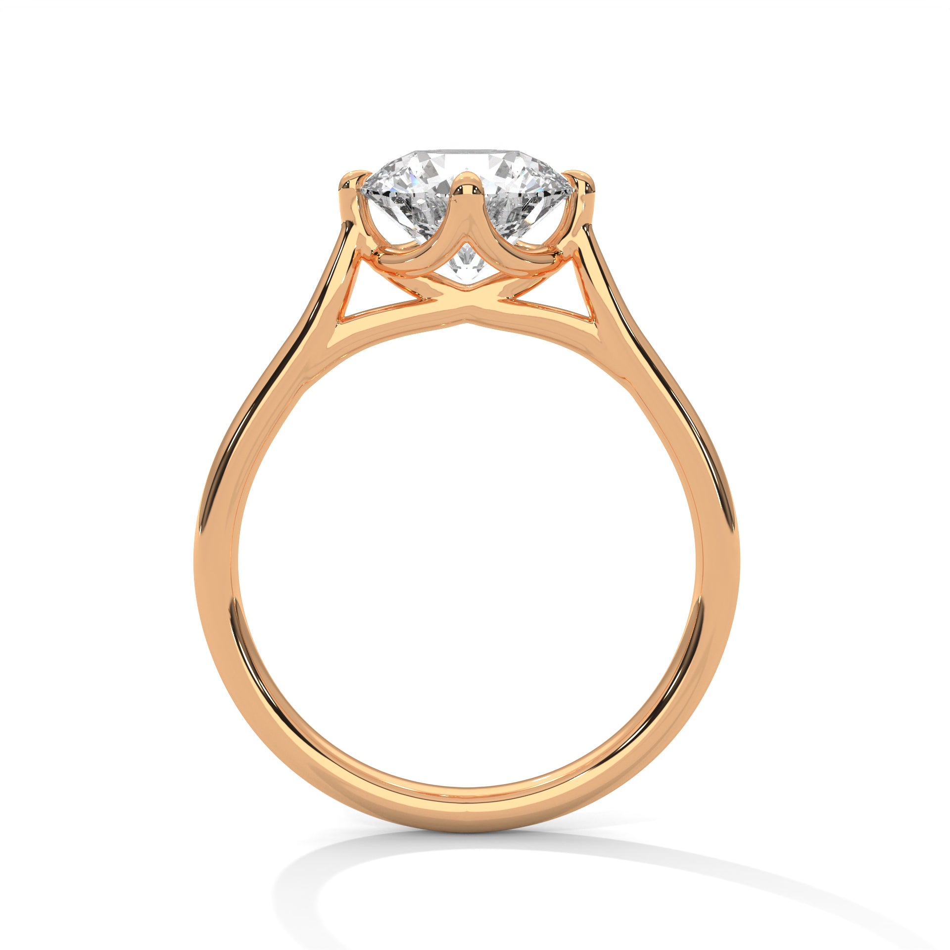 Detailed side profile of a six-prong cathedral mount in high-polish rose gold.