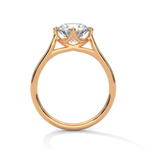 Detailed side profile of a six-prong cathedral mount in high-polish rose gold.