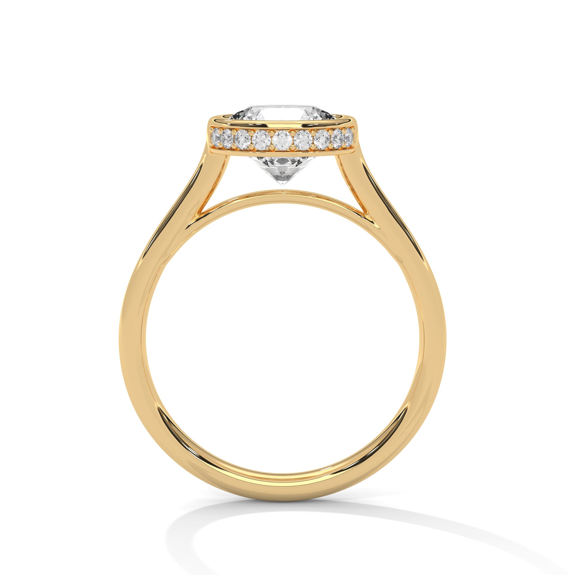 Side profile of a contemporary bezel-set cathedral mount in polished yellow gold.