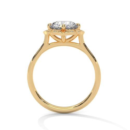 Side profile of a vintage-inspired scalloped halo cathedral mount in polished yellow gold.