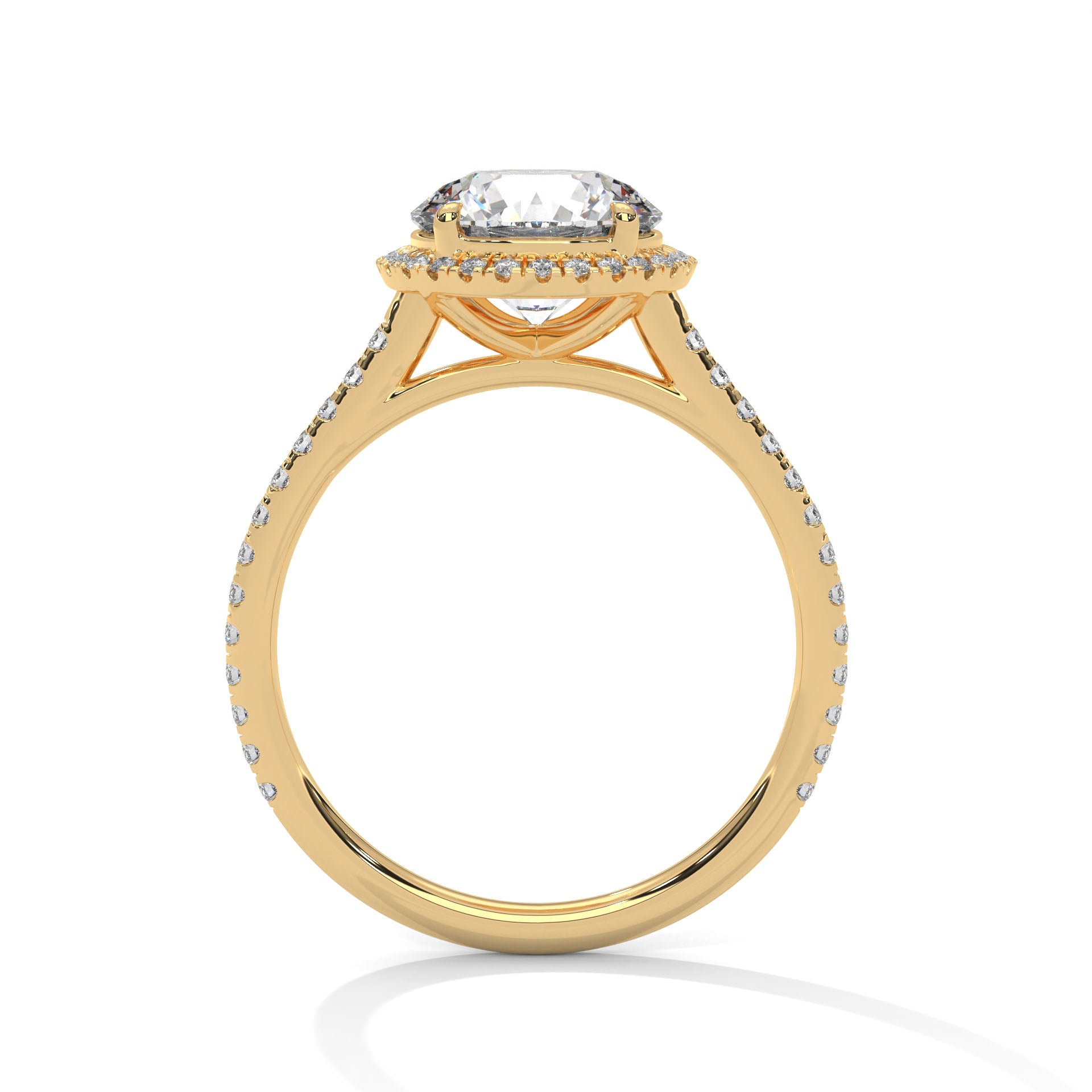 Side profile of a four-prong halo cathedral mount in polished yellow gold.