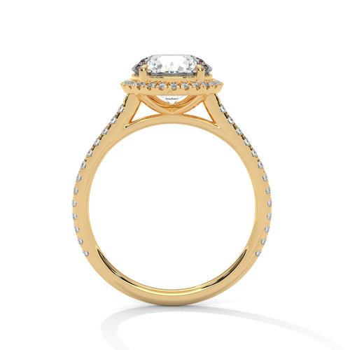 Side profile of a four-prong halo cathedral mount in polished yellow gold.