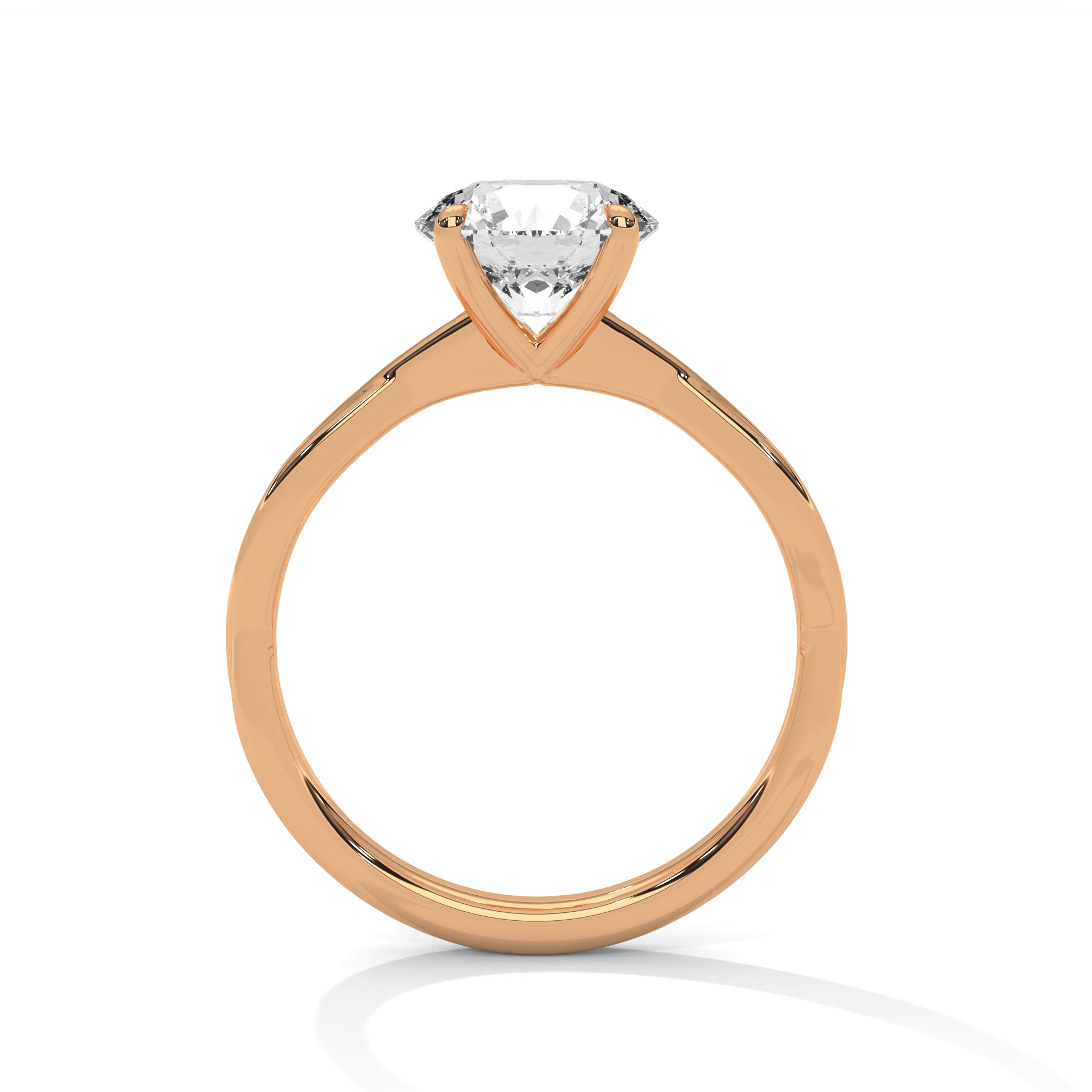 Detailed side view of a tulip-style four-prong setting and twisted band in polished rose gold.