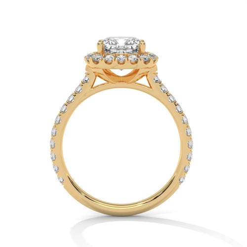 Side profile view of a hidden under-halo collar and high cathedral mount in polished yellow gold.