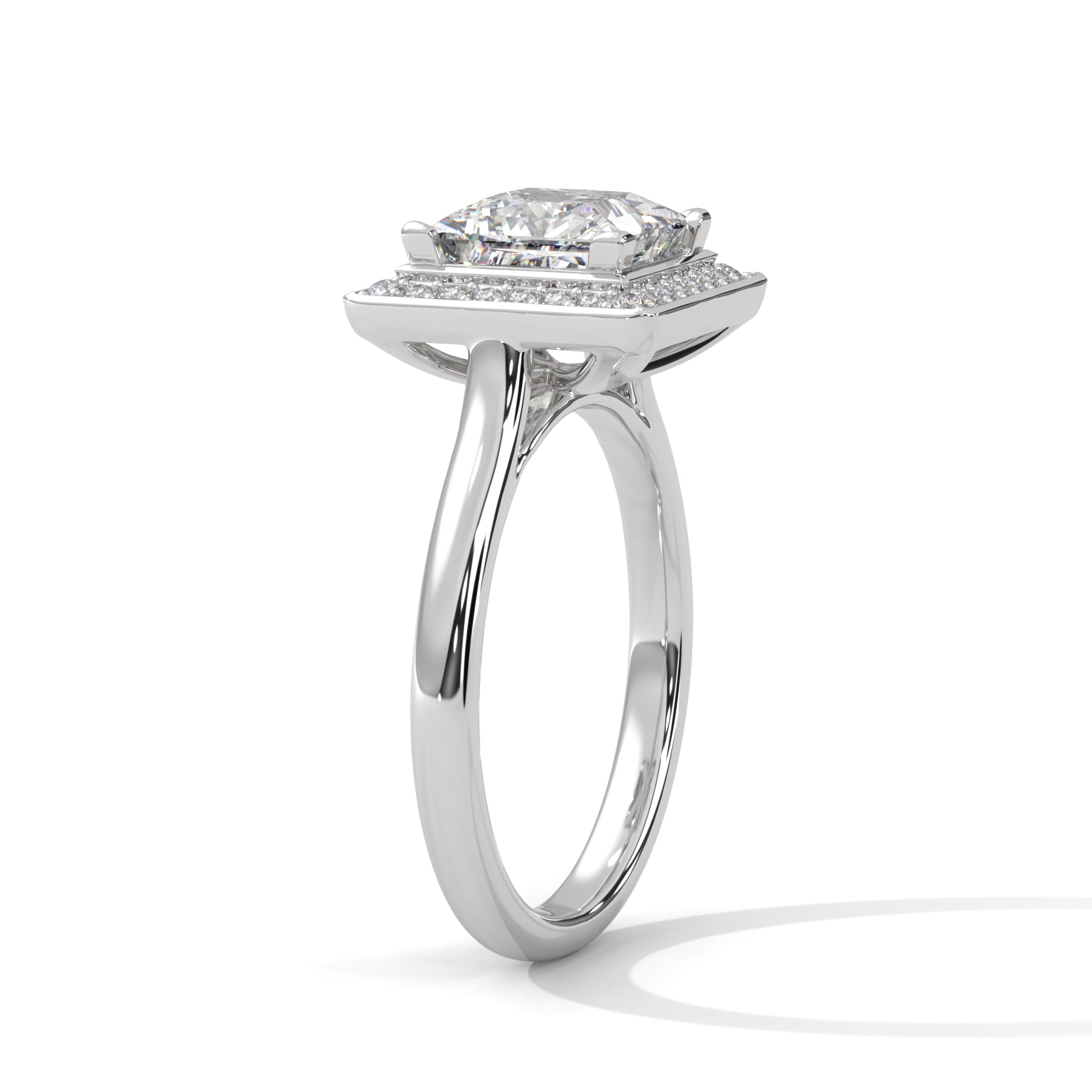 Princess cut elevated square halo engagement ring in white gold, angled view showing elevated platform and open gallery