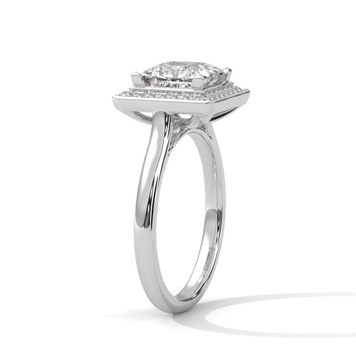 Princess cut elevated square halo engagement ring in white gold, angled view showing elevated platform and open gallery