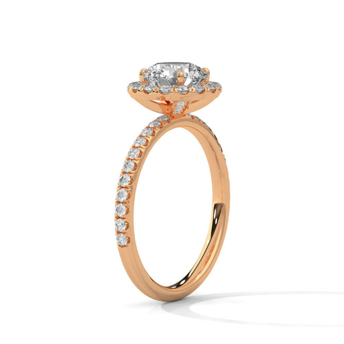 Underside view of rose gold halo setting for round lab created diamond