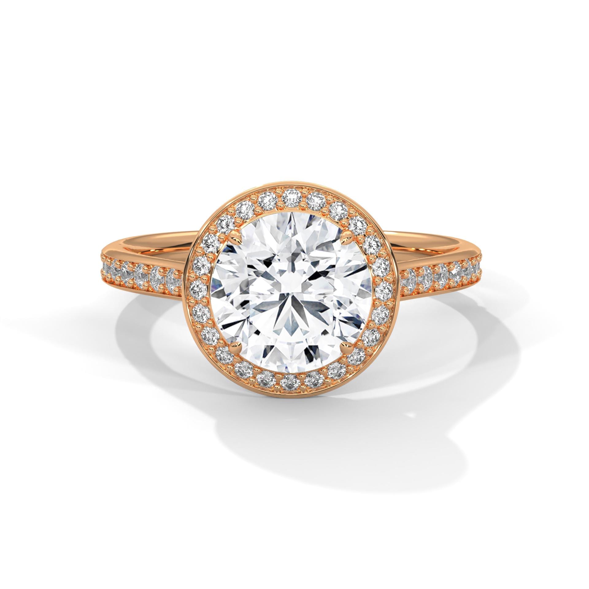 Round lab grown diamond halo ring in 14K rose gold with shimmering pave band