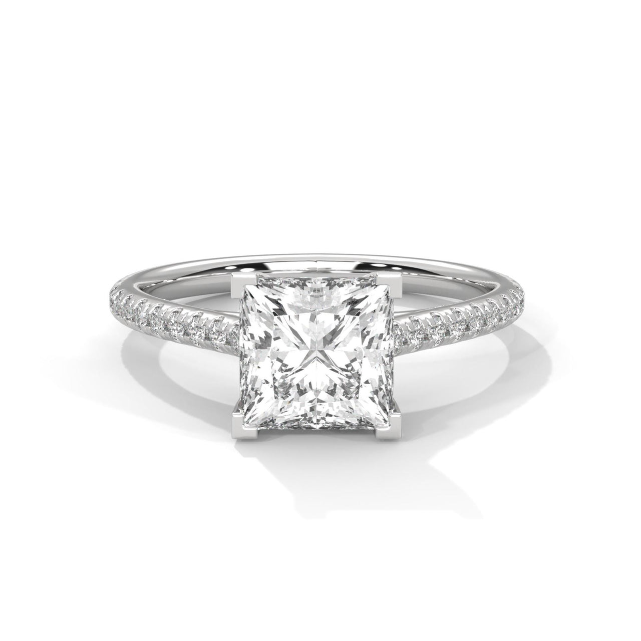 colorless princess cut lab diamond pave cathedral ring in white gold