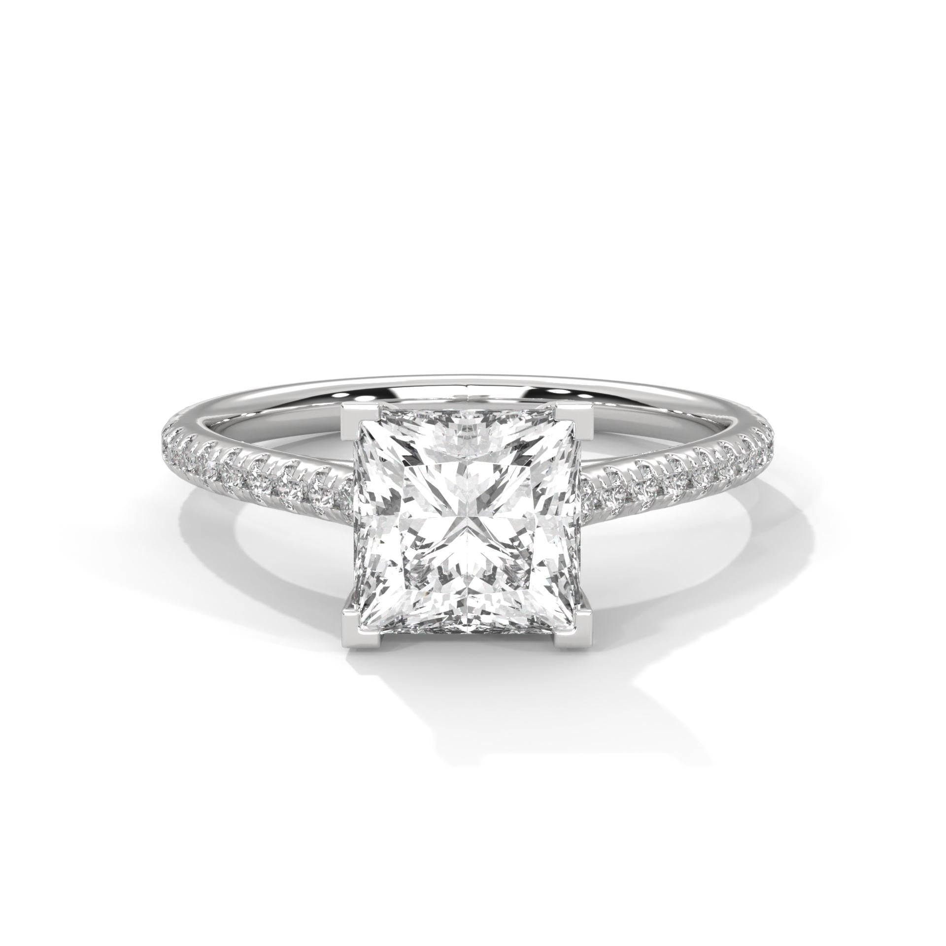 colorless princess cut lab diamond pave cathedral ring in white gold