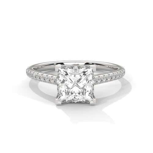 colorless princess cut lab diamond pave cathedral ring in white gold