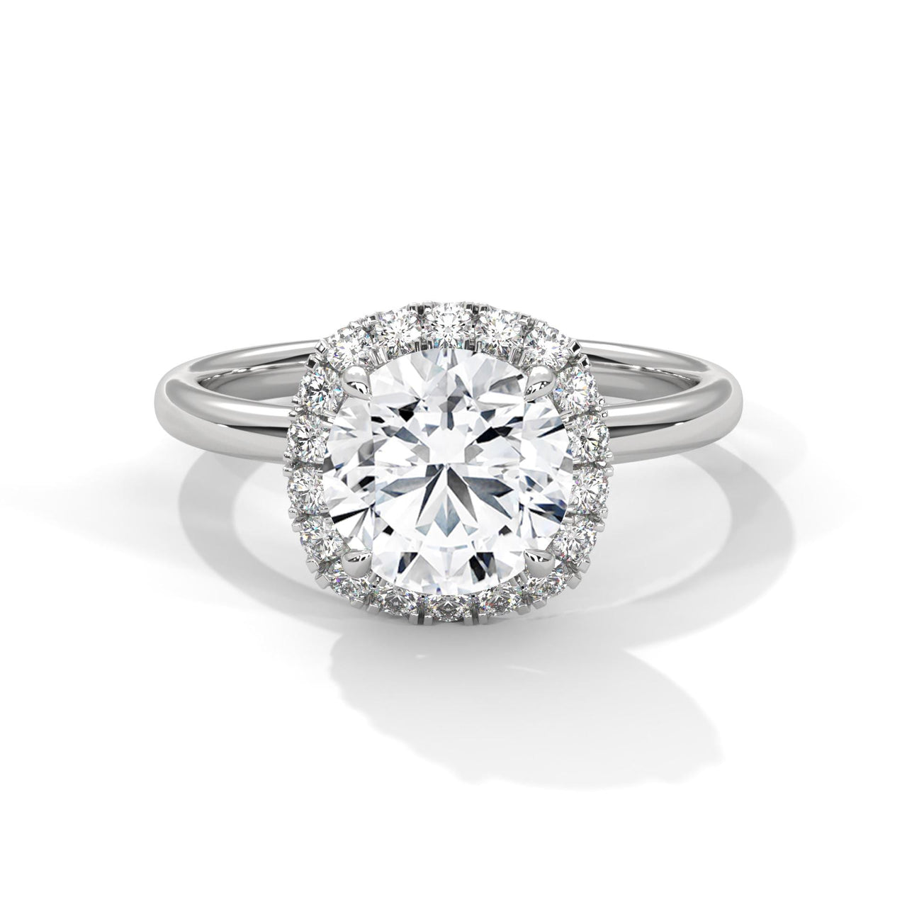 Round brilliant lab grown diamond pave halo ring in white gold