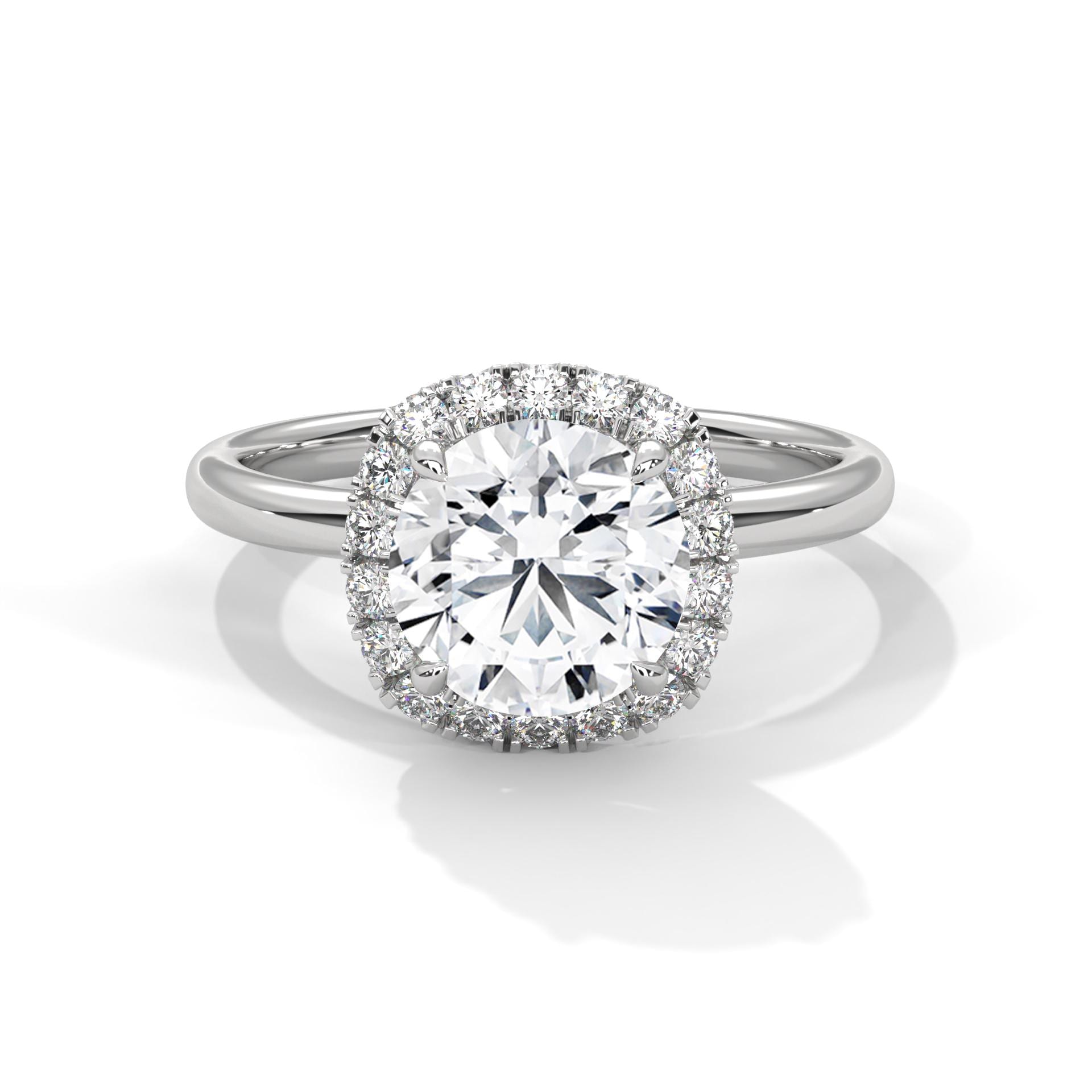 Round brilliant lab grown diamond pave halo ring in white gold
