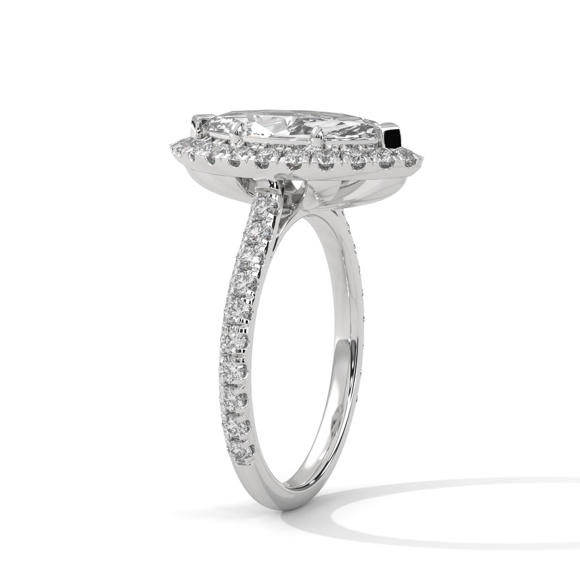 Underside view of white gold six-prong halo setting for marquise diamond