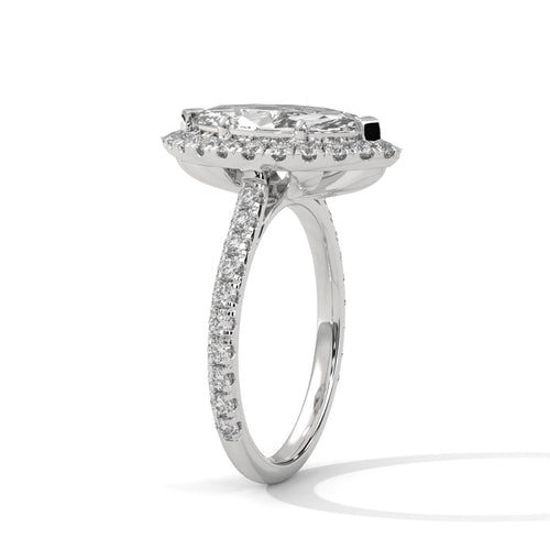 Underside view of white gold six-prong halo setting for marquise diamond
