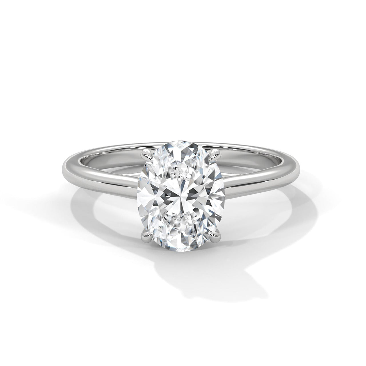 Oval cut lab grown diamond cathedral solitaire ring in white gold