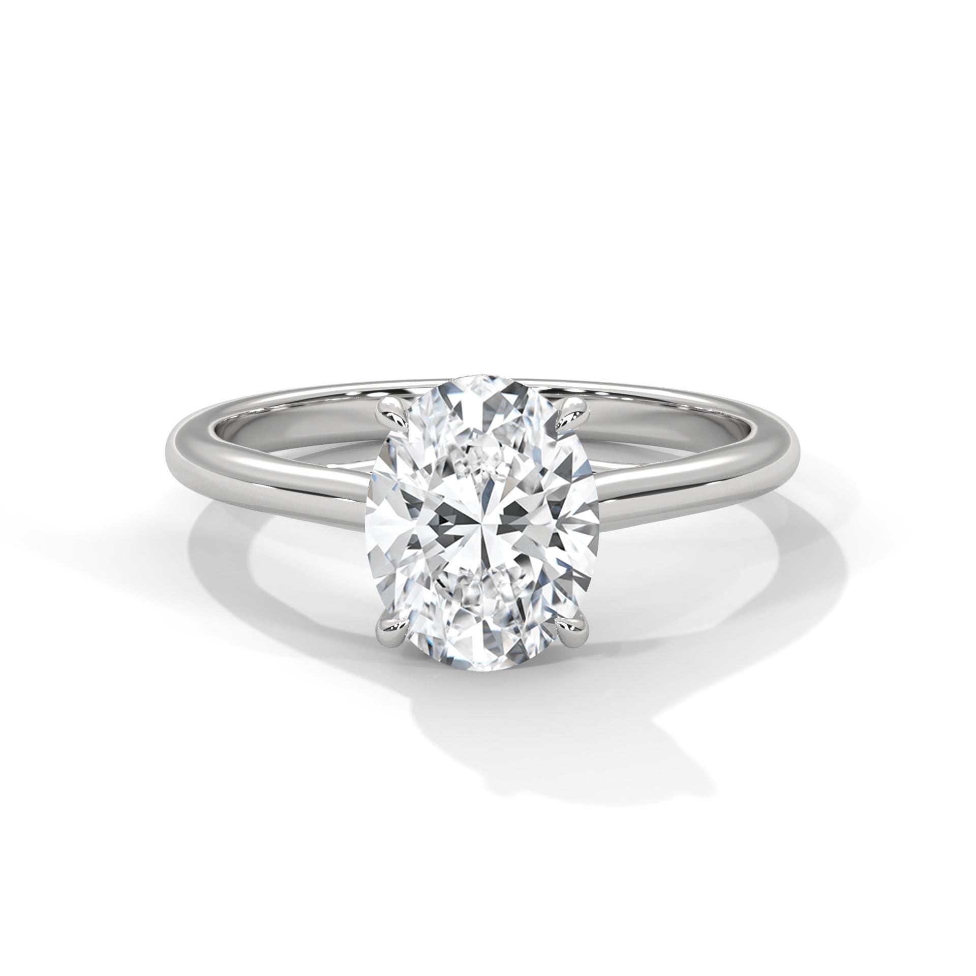 Oval cut lab grown diamond cathedral solitaire ring in white gold
