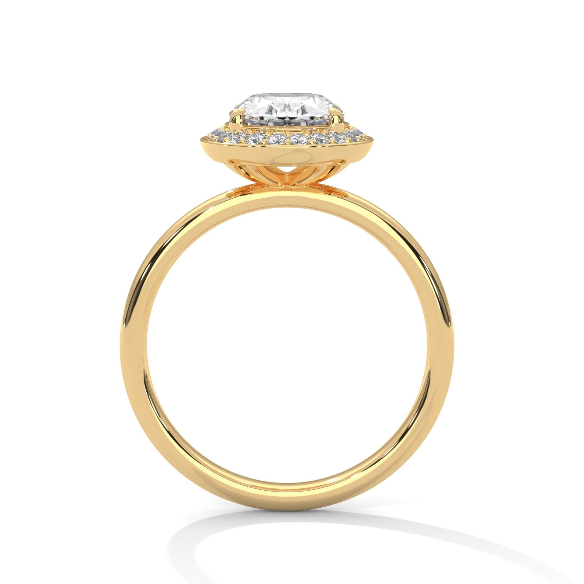 Yellow gold oval halo engagement ring featuring a high-polish solid gold band