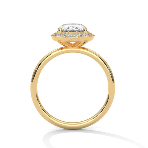 Yellow gold oval halo engagement ring featuring a high-polish solid gold band