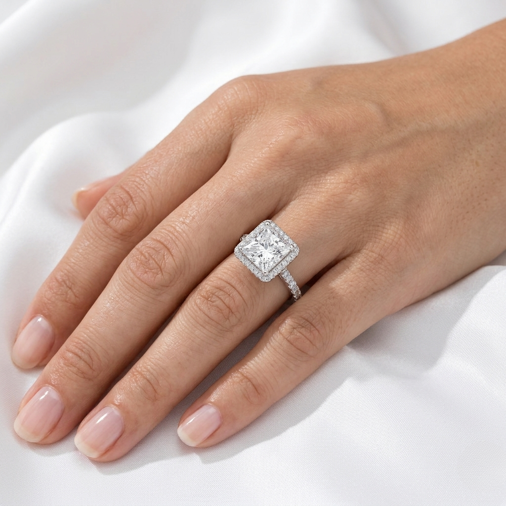 Princess Cut Lab Grown Diamond Halo Cathedral Ring | E VS1 | 14K 18K Gold