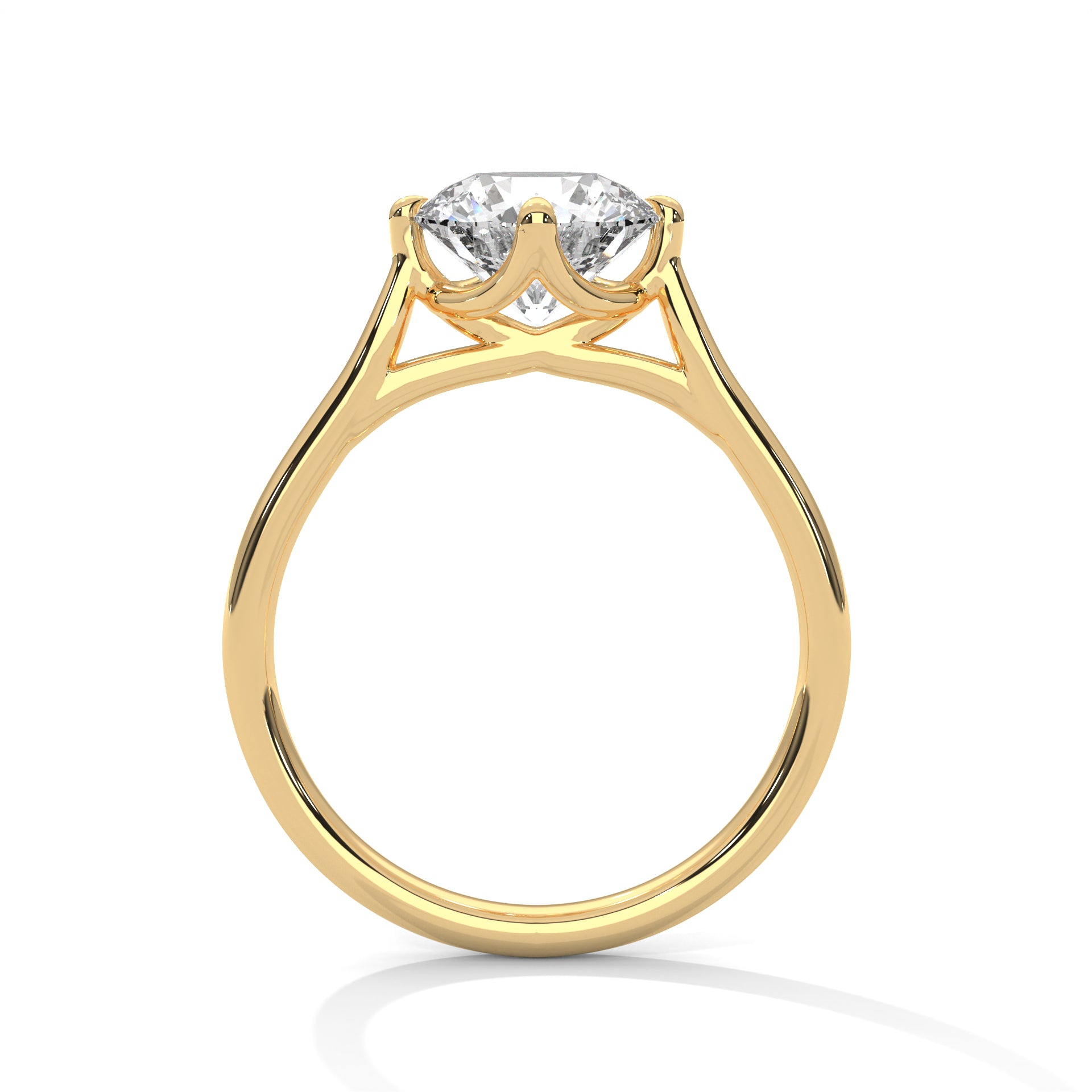 Side view of a secure six-prong cathedral mount in polished yellow gold.