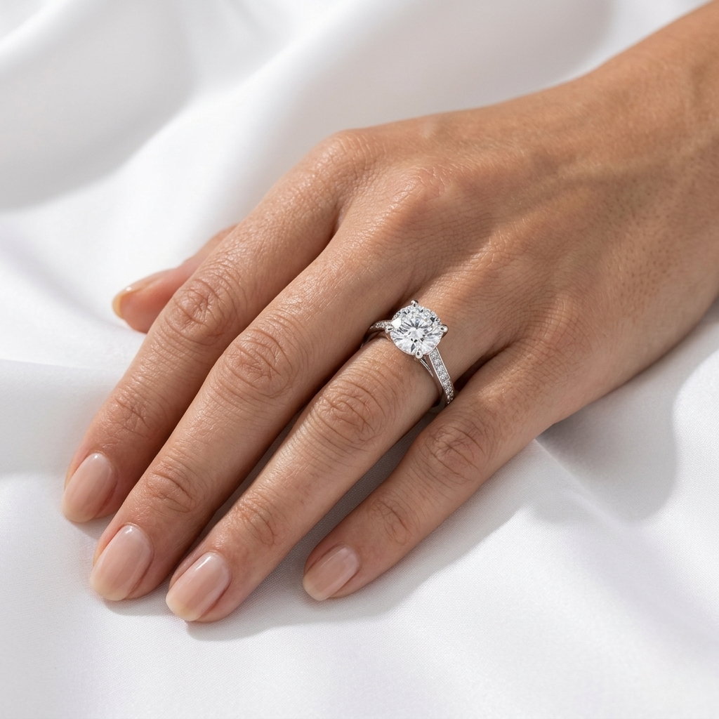 Round Pavé Cathedral Solitaire Lab Grown Diamond Ring | F VS2 | Micro-Pavé Taper