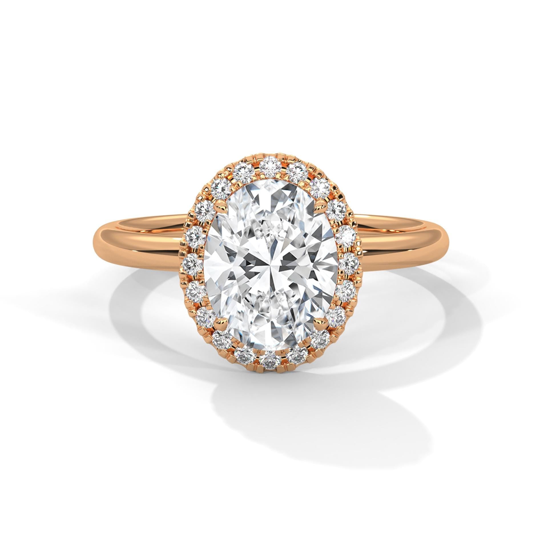 Rose gold oval halo engagement ring featuring a shimmering pavé diamond shank