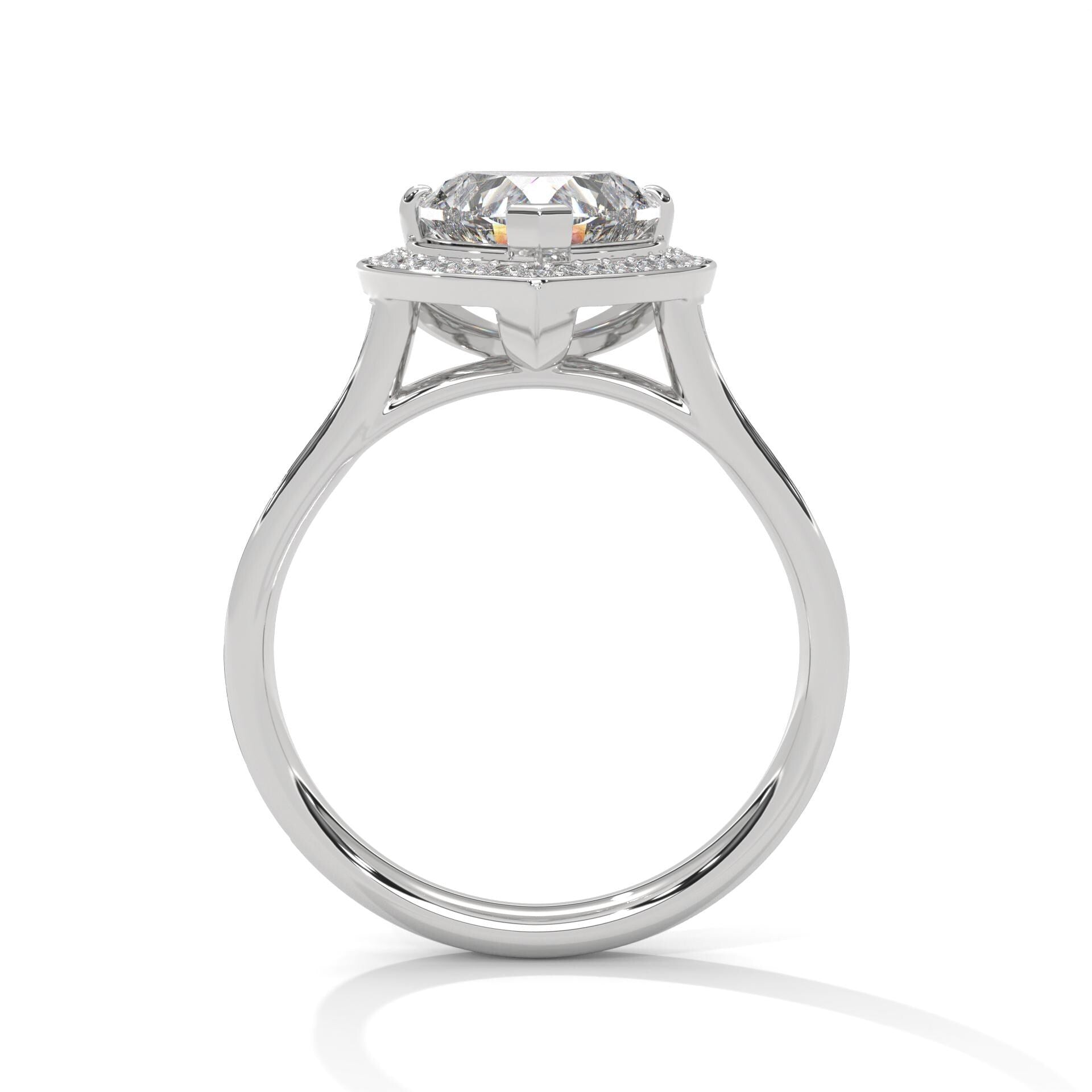 Underside view of white gold cathedral arches for pear brilliant diamond