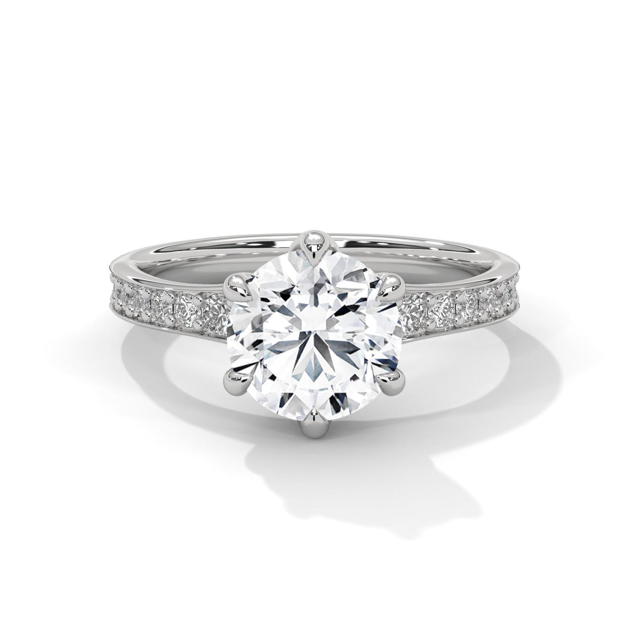 1 to 3 carat round lab diamond 6-prong pave cathedral ring in white gold