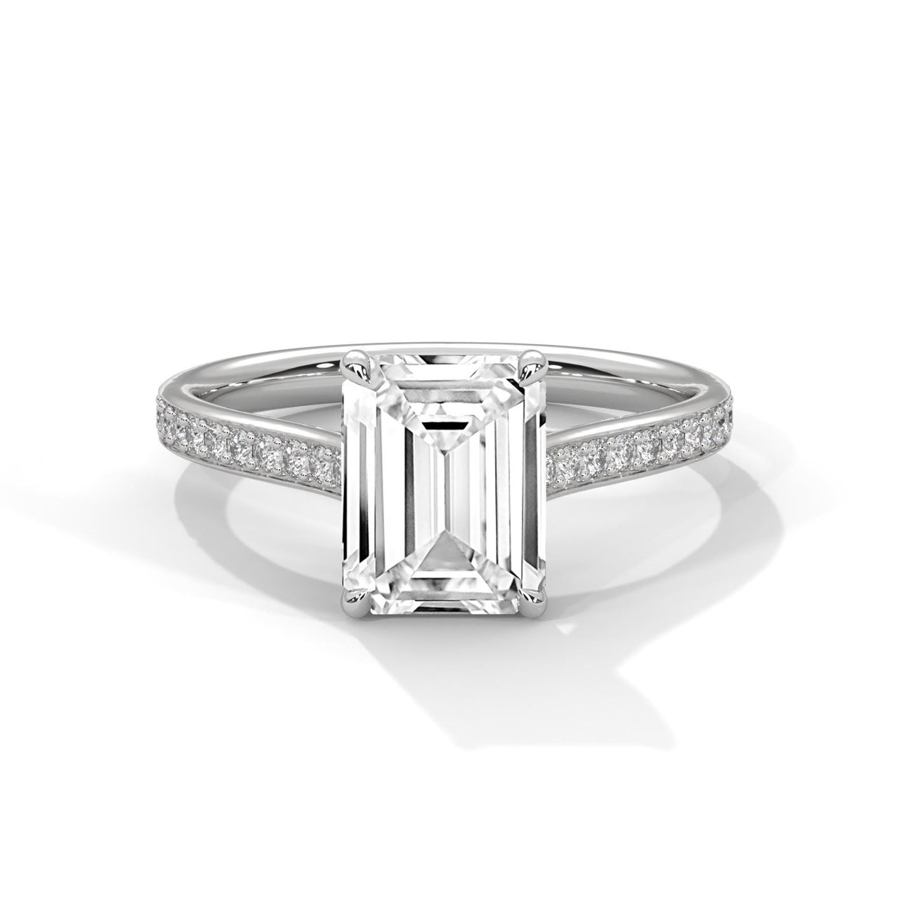 Colorless emerald cut lab diamond pave cathedral ring in white gold