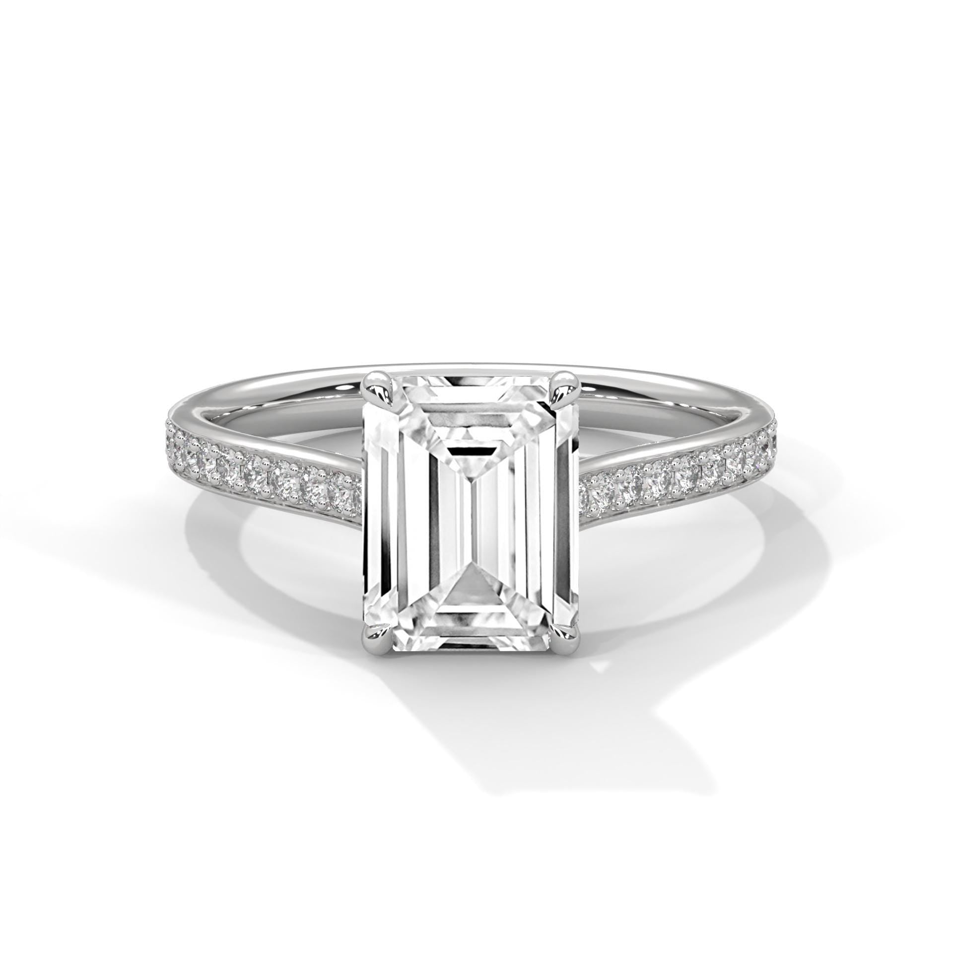 Colorless emerald cut lab diamond pave cathedral ring in white gold