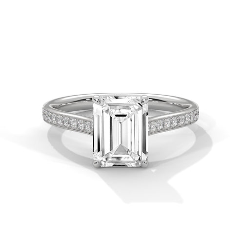 Colorless emerald cut lab diamond pave cathedral ring in white gold