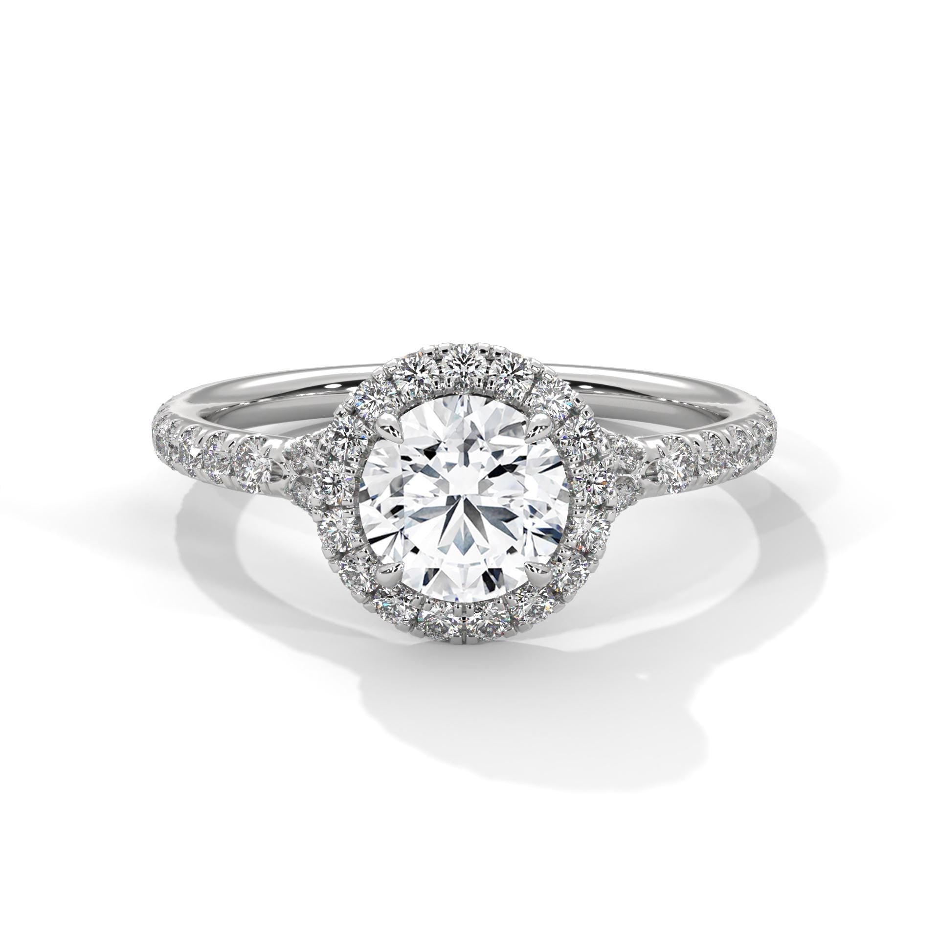 Round brilliant lab grown diamond halo ring with pavé diamond band in white gold