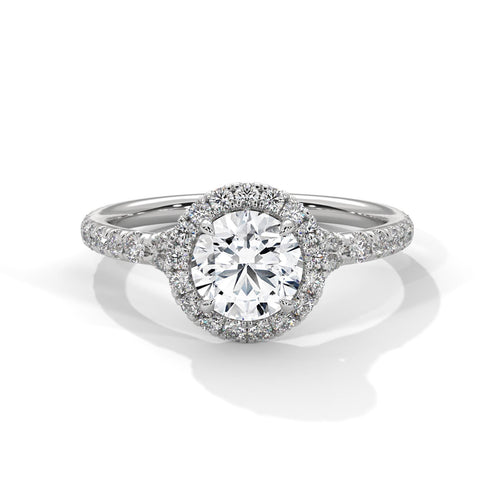 Round brilliant lab grown diamond halo ring with pavé diamond band in white gold
