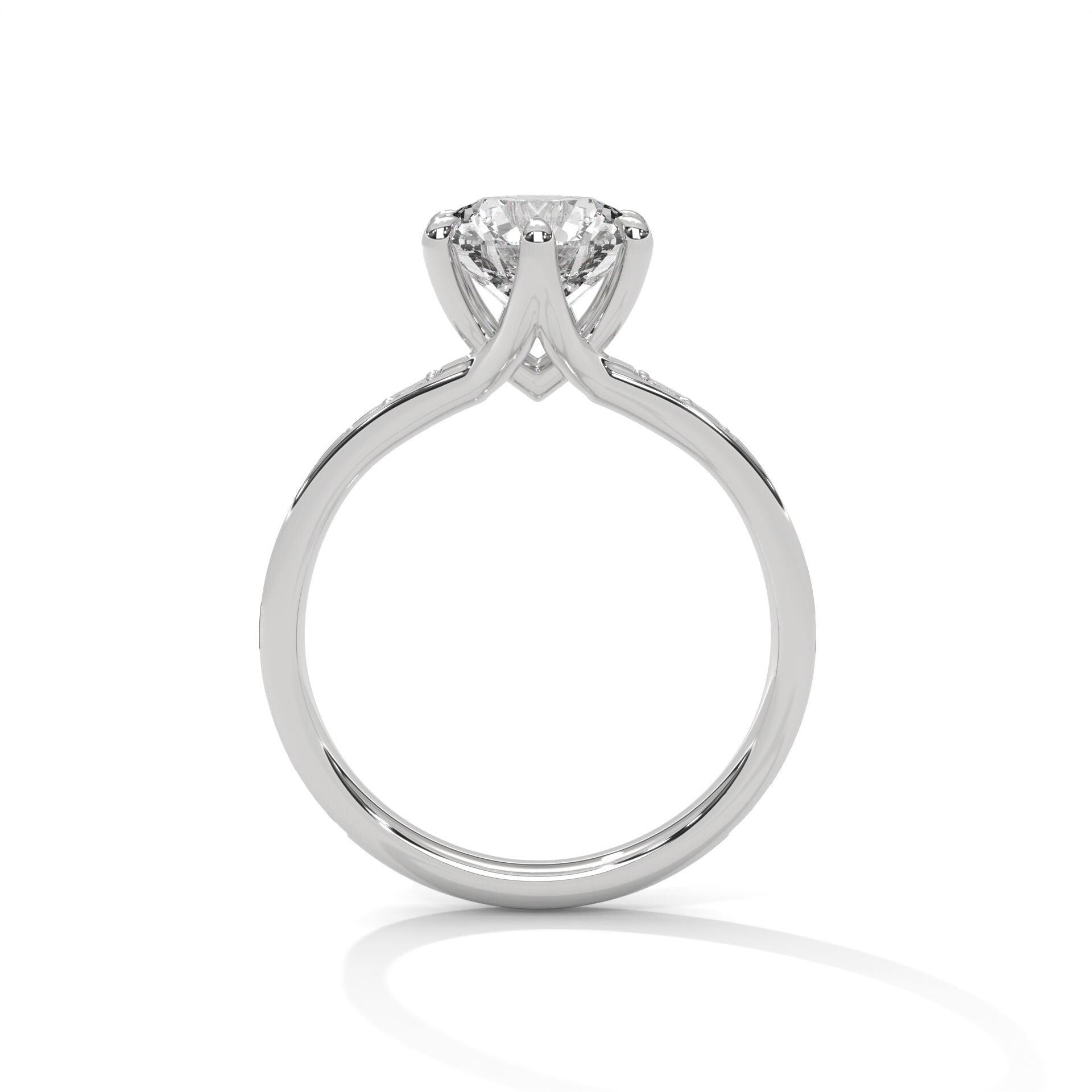 White gold round 6-prong engagement ring featuring a pavé diamond shank