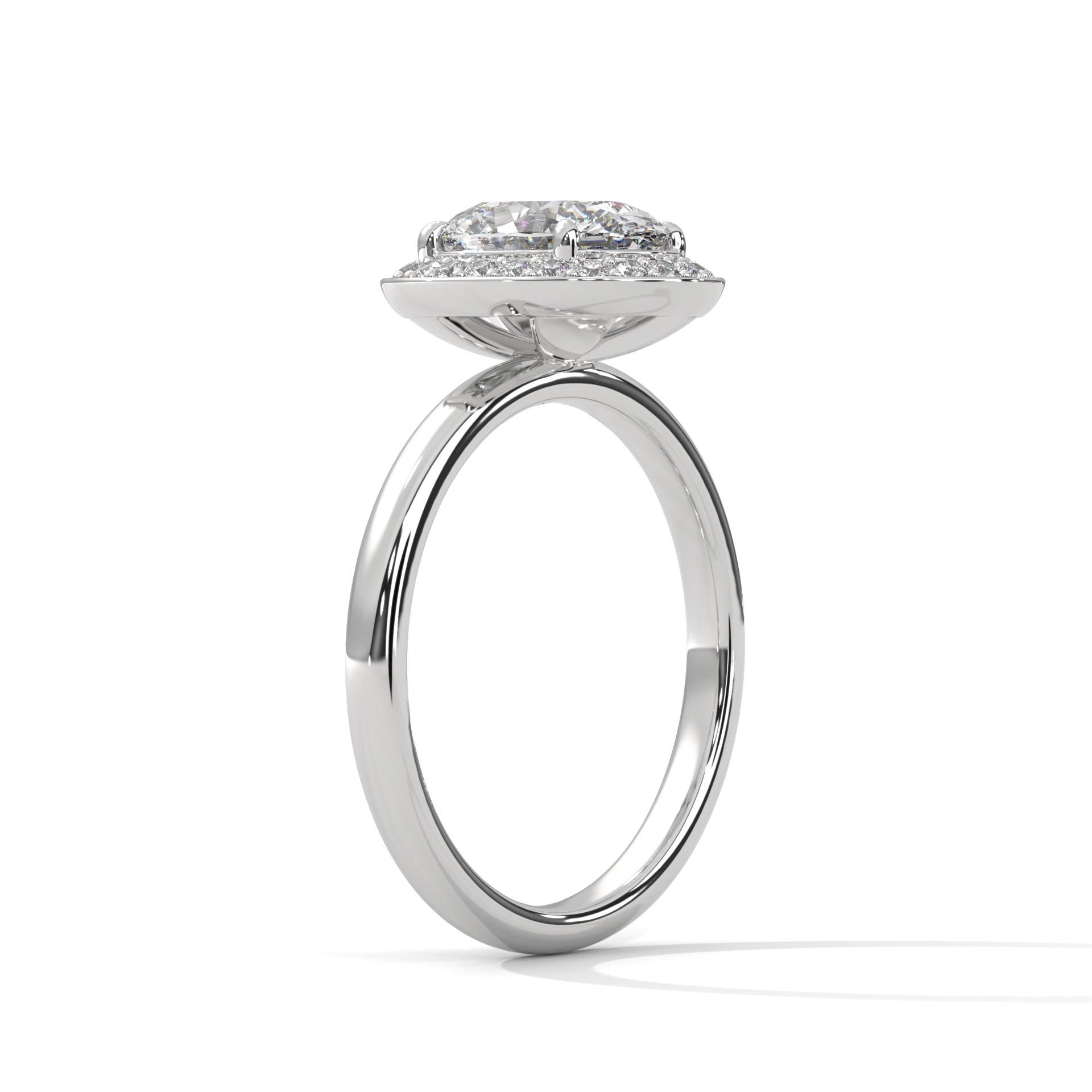 Architectural white gold halo mount for oval lab created diamond