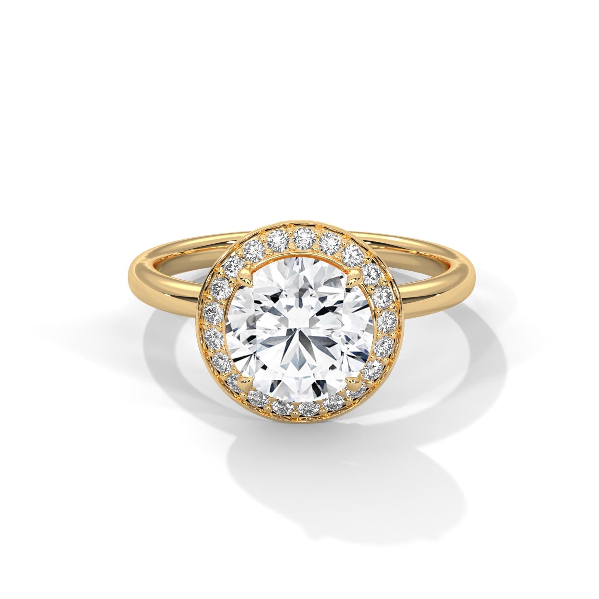 1 to 3 carat round lab diamond halo ring in solid 14K yellow gold
