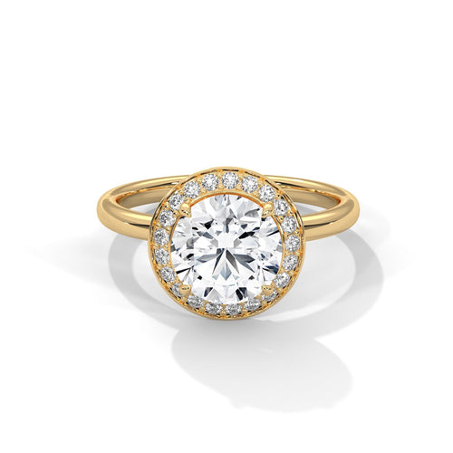 1 to 3 carat round lab diamond halo ring in solid 14K yellow gold