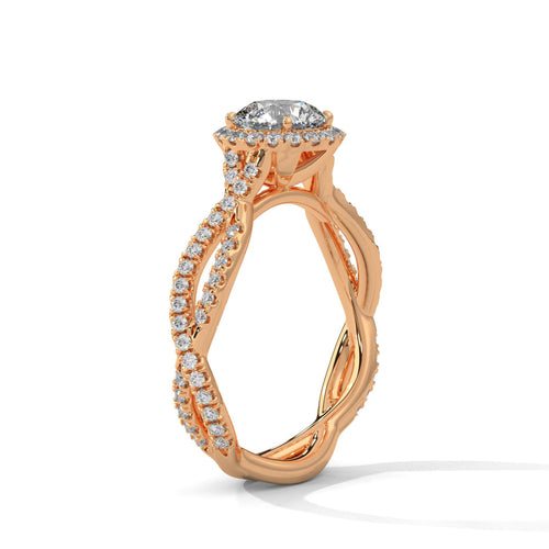 Underside view of rose gold 4-prong halo setting for round diamond.