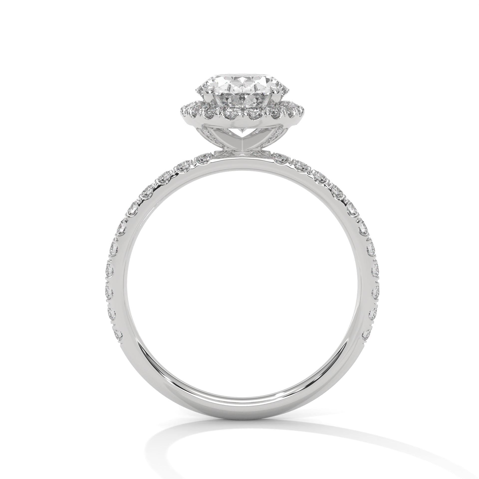 Interior view of white gold 4-prong halo setting for oval brilliant diamond