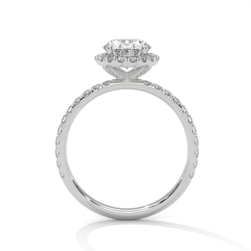 Interior view of white gold 4-prong halo setting for oval brilliant diamond