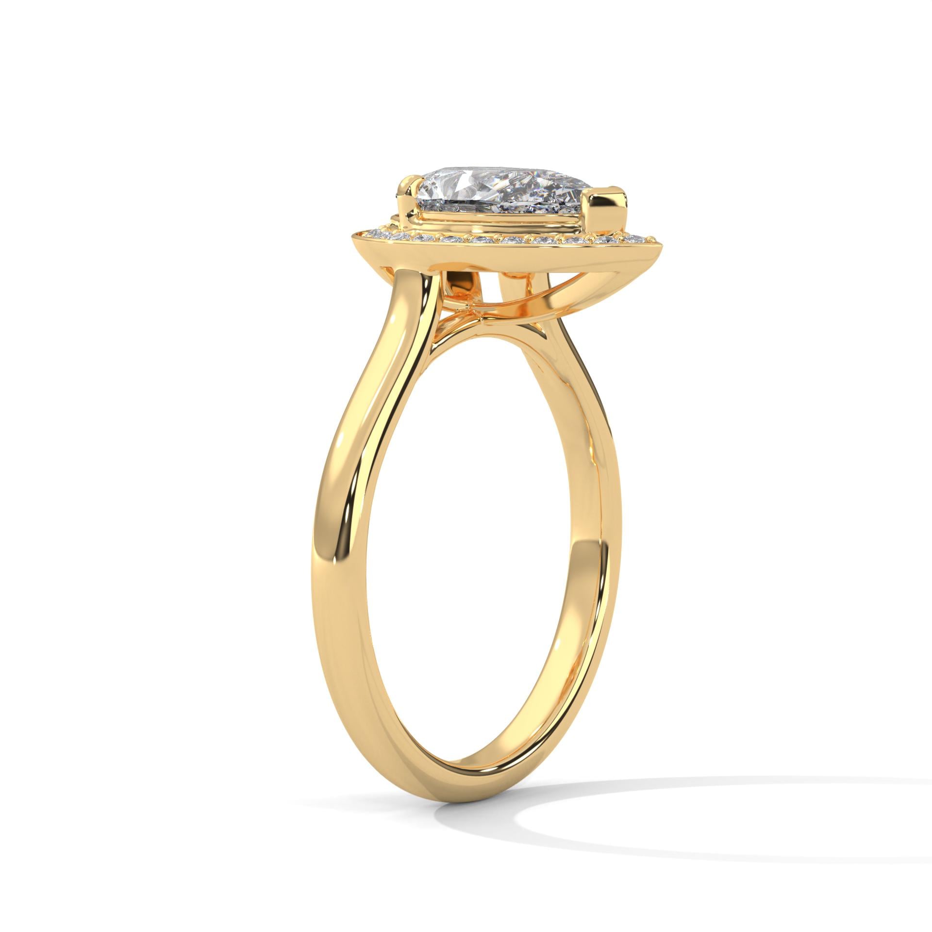 Elevated yellow gold cathedral mount for pear lab diamond halo