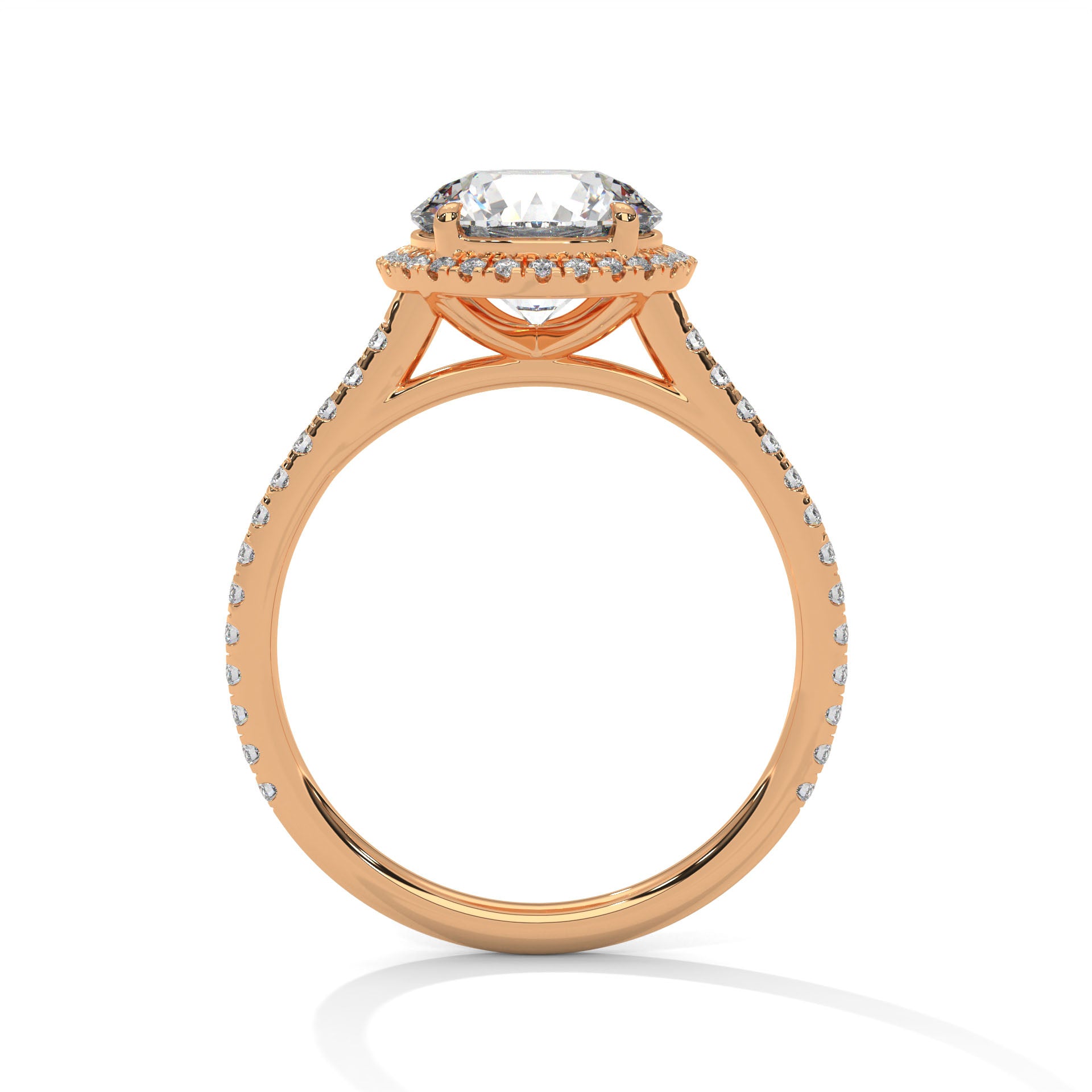 Detailed side view of a high-polish four-prong halo cathedral setting in rose gold.