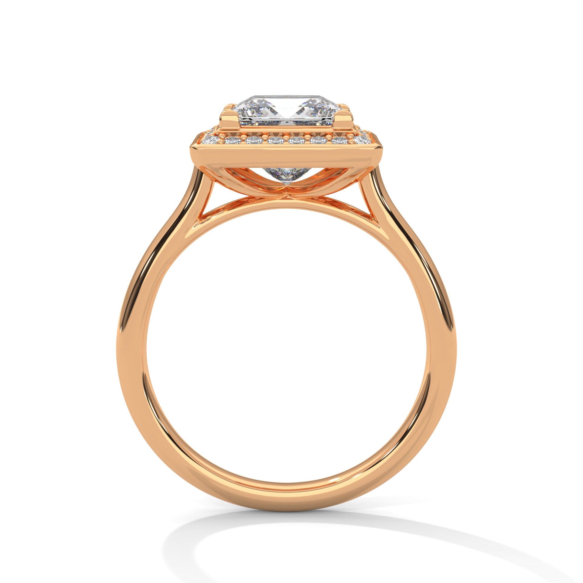 Princess cut elevated square halo engagement ring in rose gold, front view showing princess cut stone and elevated square halo
