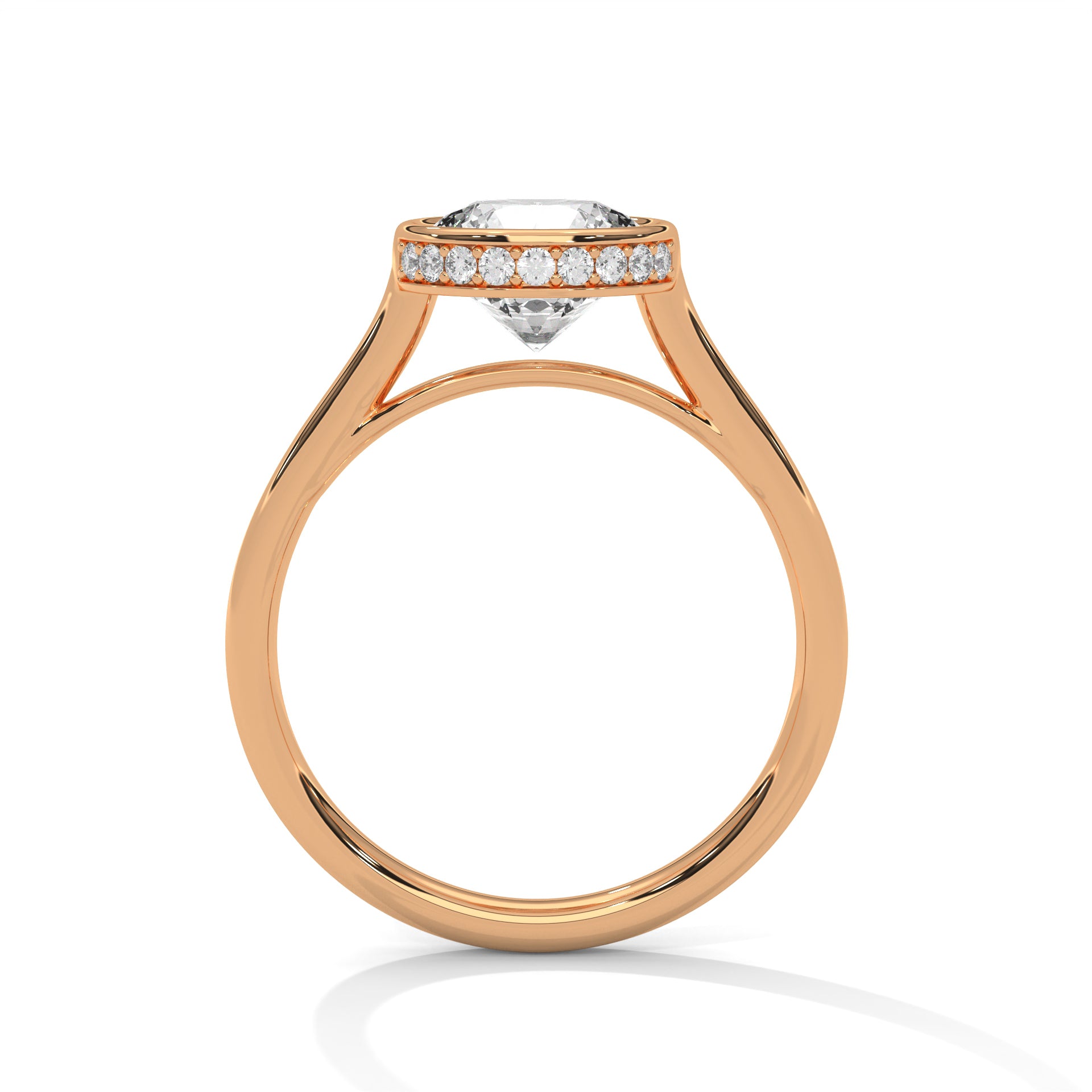 Detailed side view of a smooth protective bezel collar and cathedral arches in polished rose gold.