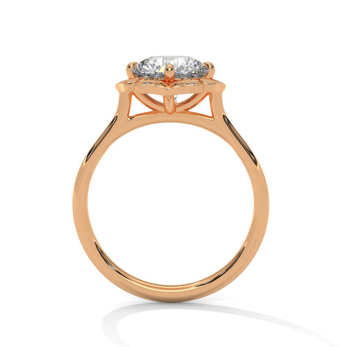 Detailed side view of a scalloped petal halo and cathedral setting in polished rose gold.
