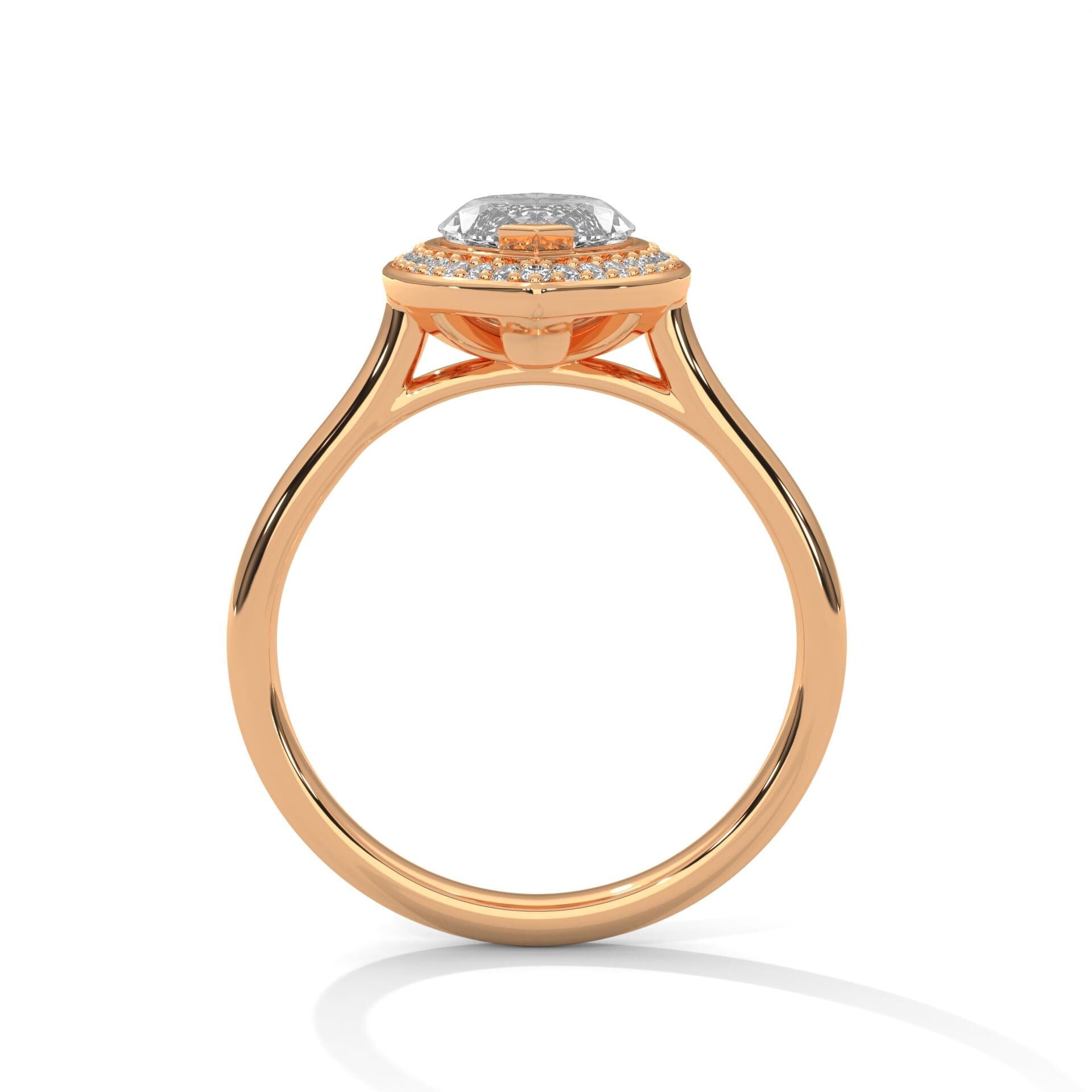 Rose gold marquise halo bridal ring featuring a minimalist high-polish band