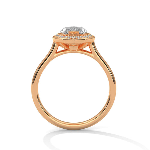 Rose gold marquise halo bridal ring featuring a minimalist high-polish band