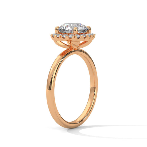 Underside view of rose gold 4-prong halo setting for round diamond